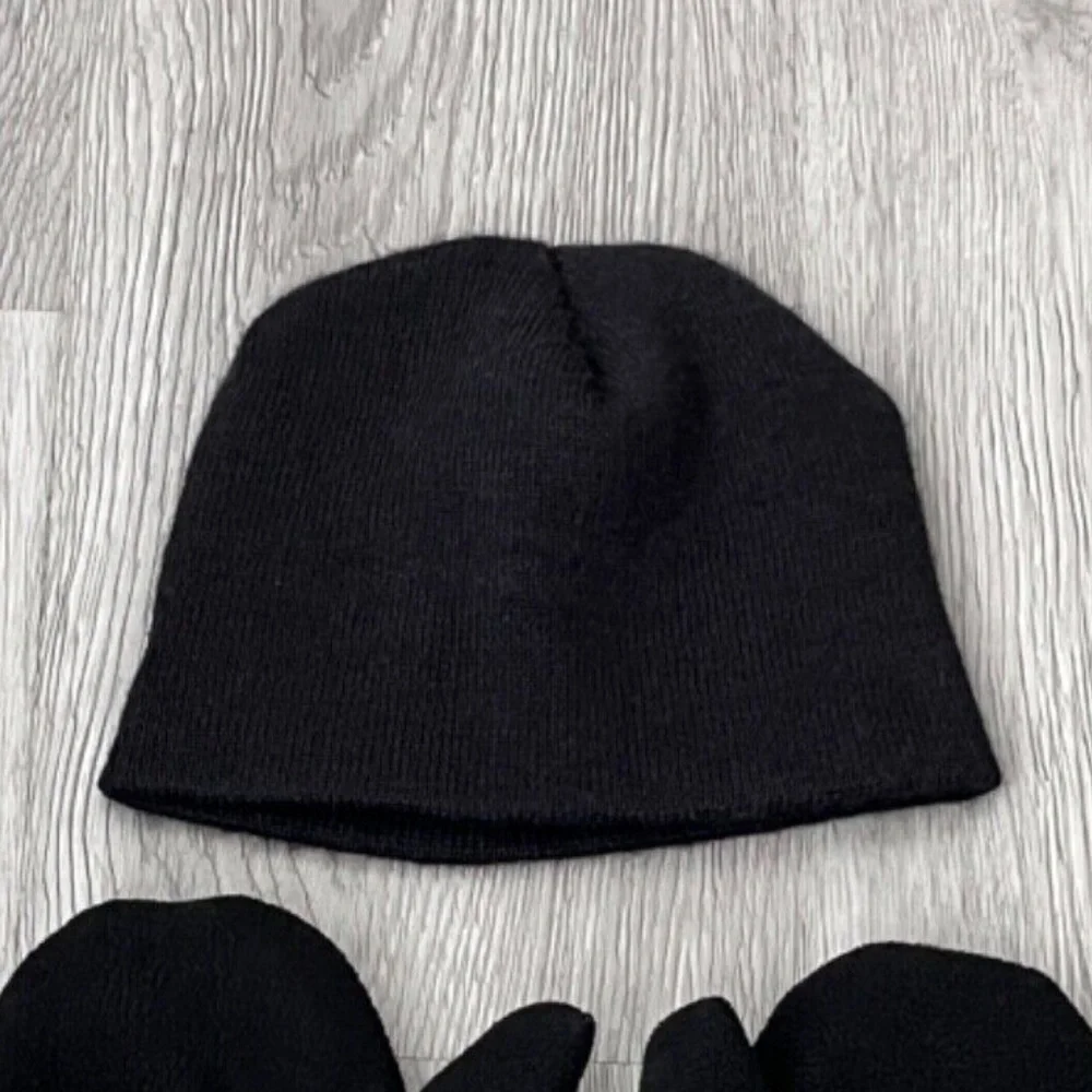 Toddler Kids Black Knit Beanie Hat & Mittens Set One Size